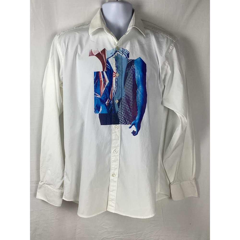 Bugatchi Button Down Shirt Mens Medium White Graphic Print Classic Fit LS